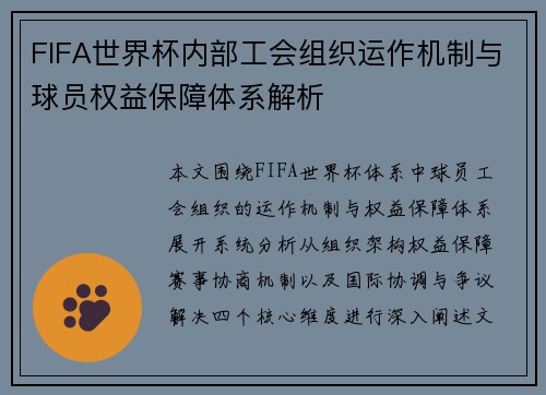 FIFA世界杯内部工会组织运作机制与球员权益保障体系解析 FIFA世界杯内部工会组织运作机制与球员权益保障体系解析